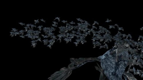 Dynamic Swarm of Dark Birds Flying Across Frame