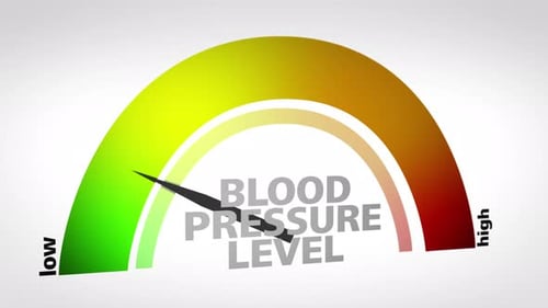 Stylized health gauge illustrating blood pressure level with color coded gradient from safe green