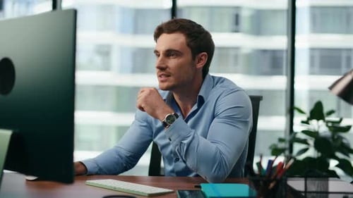 Happy Manager Satisfied Results Corporate Work Looking Office Computer Close Up