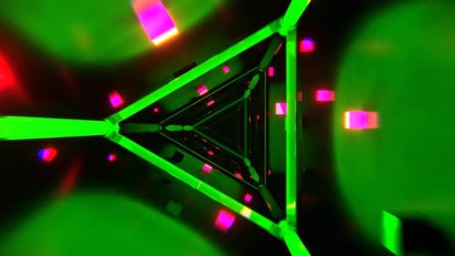 Green And Pink Abstract Triangular Corridor With Shimmering Cubes Background Vj Loop I 4K