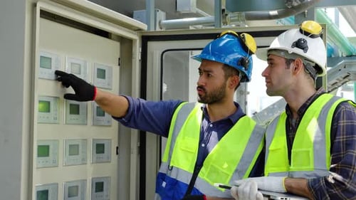 Two engineers in safety uniform checking building exterior power system at construction site rooftop