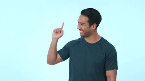 Pointing, man and face with checklist, information and steps in a studio with menu choice