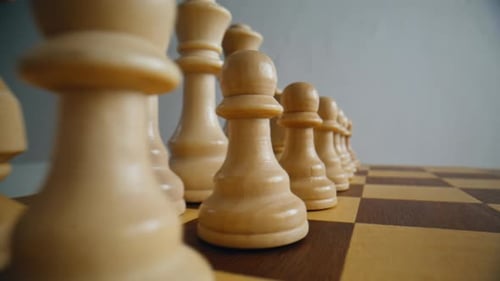 Light Wooden Chess Figures Positioned on Board Closeup Pieces Standing in Row
