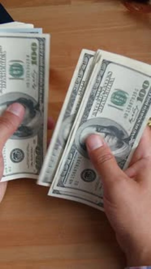 Hands Counting Dollar Cash Close Up Male Person Calculates Money Vertical Shot