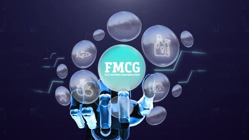 Robotic Hand Interacting with Futuristic FMCG Icons Animation