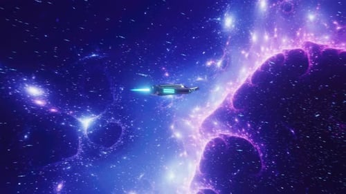 Sci-Fi Spaceship Interstellar Travel Through Glowing Nebula