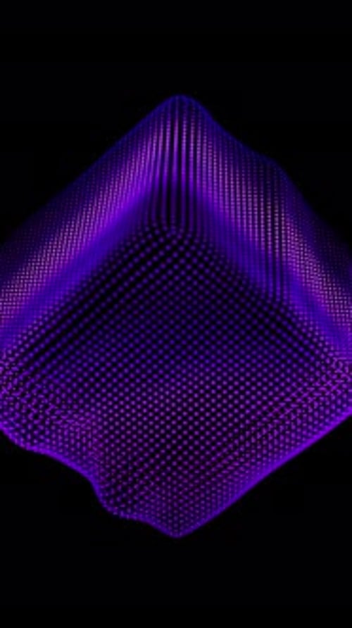 Ondas de distorsión en bucle en un cubo abstracto de partículas, datos digitales, salpicadura de caja, matriz de puntos