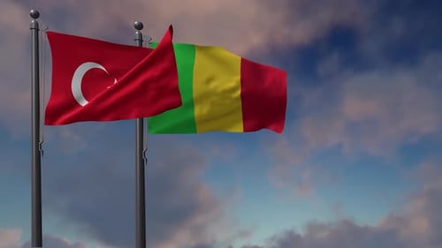 National Flags of Turkey and Mali Waving on Flagpoles