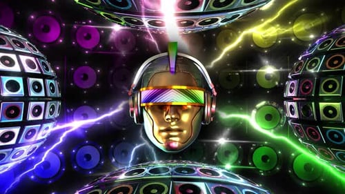Futuristic Neon DJ Head with Pulsating Speaker Wall Background Loop