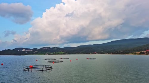 Fishing Cages for Breeding Fish in Lake in Mountain Valley of Rhodope Mountains Under Cloudy Sky
