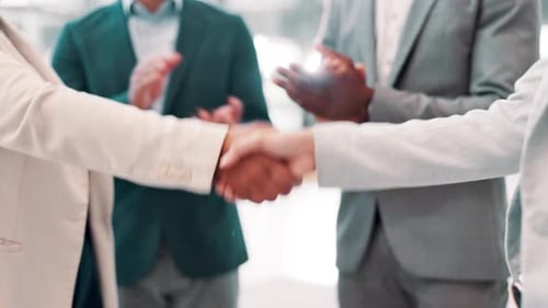 Business people, handshake and partnership in office, thank you and financial agreement