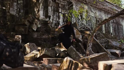 Masked Figure Wields Sword at Old Building