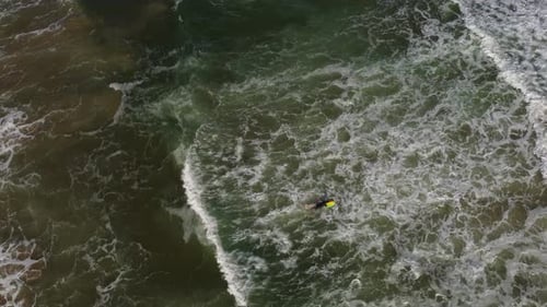 Overhead Shot Of Surfer On His Colorful Board Going Into Atlantic Ocean In Punta Del Este, Uruguay