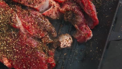 Delectable Grilled Red Meat Seasoned with a Variety of Spices on a Very Hot Grill