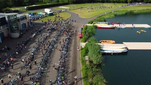 Drone shot of Triathlon at Dorney lake, triathletes are beginning the race