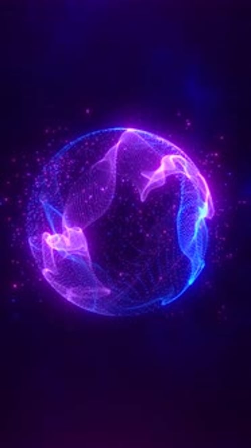 Futuristic 3D sphere made of neon particles glowing in vibrant pink and blue