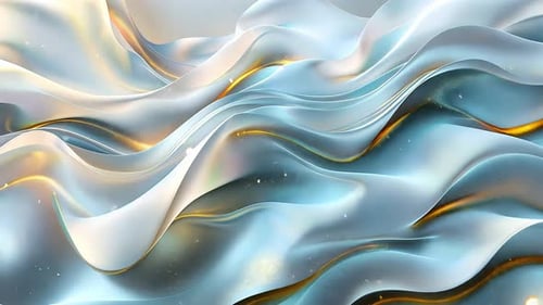 Abstract flowing liquid waves of light blue and white with gold accents