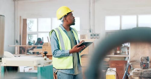 Warehouse, inspection and man with tablet in construction, planning for building and maintenance