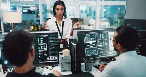 People, computer and screen for coding training of internship, programming and software update