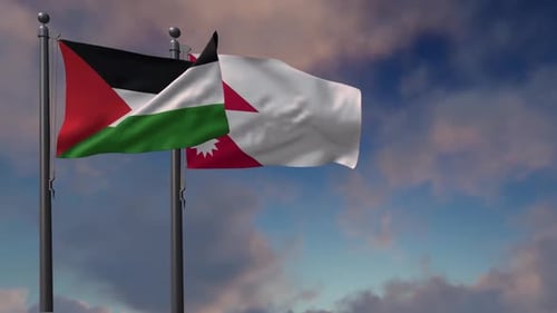 Waving Palestine Flag with Companion White and Red Flag