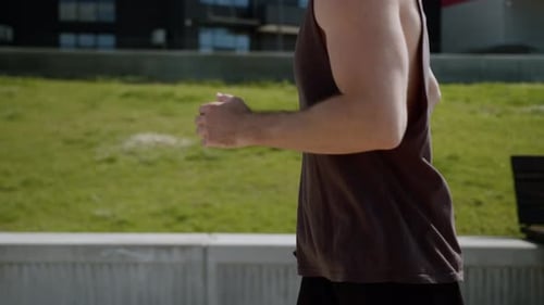 Side View European Caucasian Man Sportsman Male Athletic Sportive Guy Outdoors Running Runner