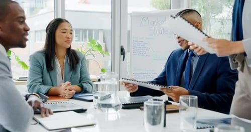 Business analyst, meeting and people with paperwork for collaboration, planning