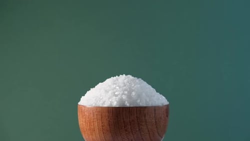 White Table Salt Granules Falling Into a Pile Wood Bowl Green Color Studio Background Condiment