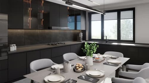 Küche im modernen Stil mit überdachtem Esstisch. 3D-Renderer