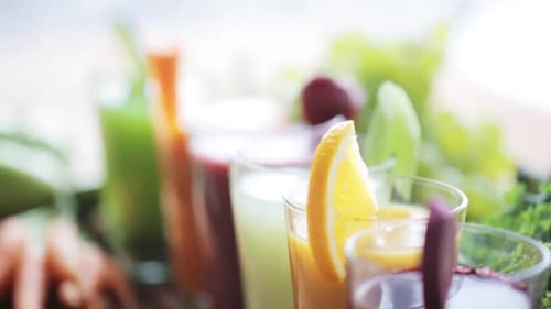 Colorful fruit and vegetable juices in glasses