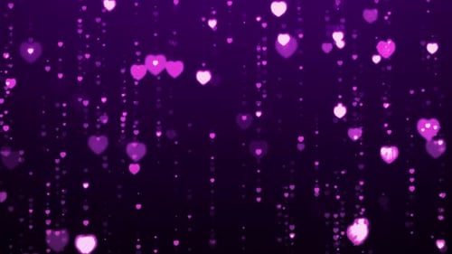 Corações roxos brilhantes, partículas caindo