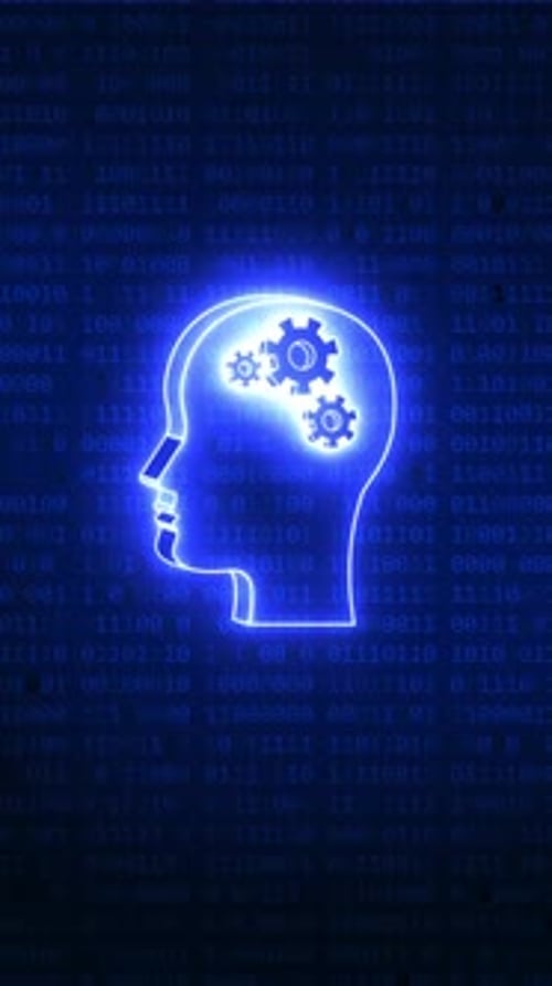 Neon Human Head with Gears and Digital Binary Code Animation