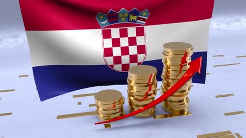 Croatia Flag With Gold Coins Tower And Up Arrow