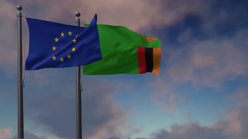 Waving European Union and Zambia Flags on Flagpoles