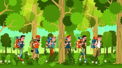Hikers with backpacks go through the summer green forest