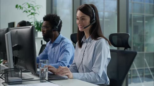 Helpline Call Service Center Working Multiethnic Callcenter Workers Consulting Indian Caucasian