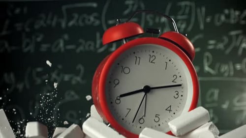 Alarm Clock Flies with School Chalk Against the Background of the Blackboard Filmed on a Highspeed