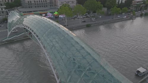 Drone view of the Peace Bridge, a pedestrian bridge in Tbilisi, Georgia, USA