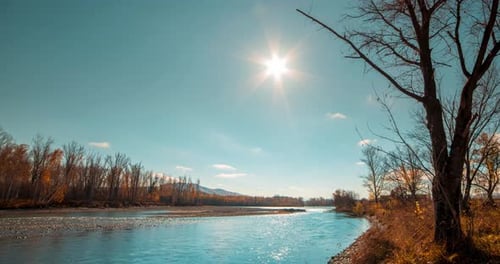 Mountain River Timelapse at the Summer or Autumn Day Time Wild Nature Clear Blue Water and Dry Trees
