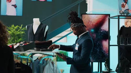 Afroamerikanischer Arbeiter, der den Kleiderbestand auf Kleiderbügeln verwaltet