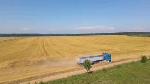 Aerial View of Lorry Cargo Truck Driving on Dirt Road Between Agricultural Wheat Fields