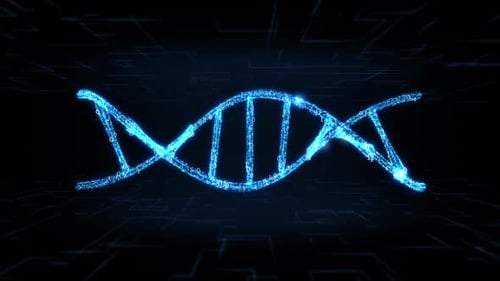 Futuristic digital abstract hologram of a DNA helix strand with flashing data nodes and binary code