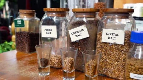 Varieties of Malted Grains in Jars and Glasses