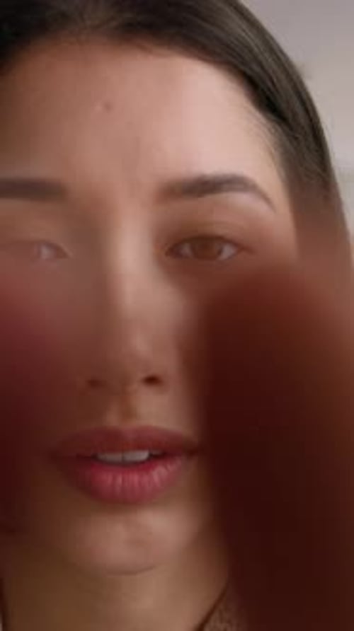 POV Webcam Caucasian Woman at Home Scrolling on Mobile Phone Touchscreen Gadget Point of View Girl