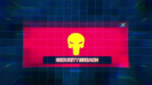 Glitch Cyber Security Breach Warning with Skull Icon