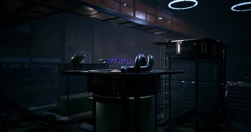 Mysterious High Tech Room with Sleek Chairs in a Futuristic Setting