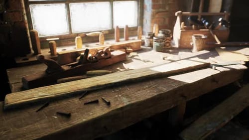 Old Carpentry Workshop Filled with Vintage Tools and Wooden Craftsmanship