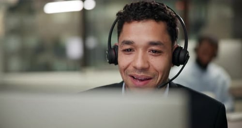 Talking, happy and man in telemarketing office for customer service, consulting and business crm