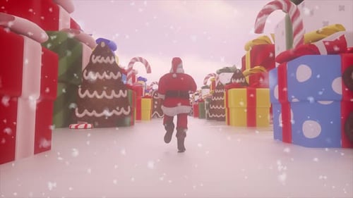 Le Père Noël traverse une ruelle de cadeaux festifs dans le pays des merveilles de Noël enneigé. Boucle de Noël magique
