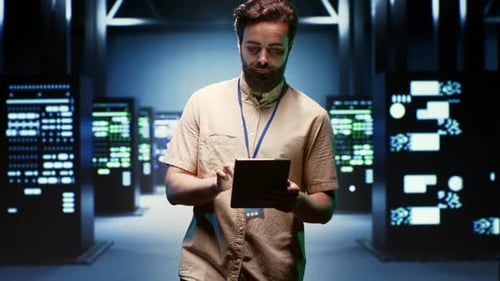 Informatiker überprüft Elektronik für die Wartung von Rechenzentren