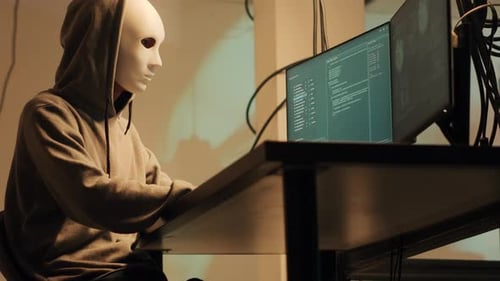 Anonymous Hacker in Mask Coding at Computer Desk